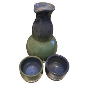 VTG Studio‎ Art Pottery Signed Sake Set Glazed Blue Green Pitcher 2 Sake Cups